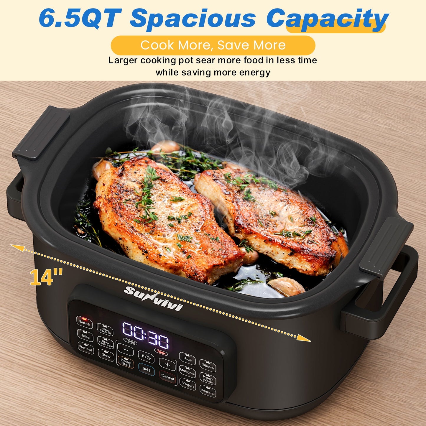 Heynemo 12-in-1 Digital Programmable Slow Cooker, 6.5 QT Large Multicooker, Multi-Cooker with Timer, Temp Control, Black