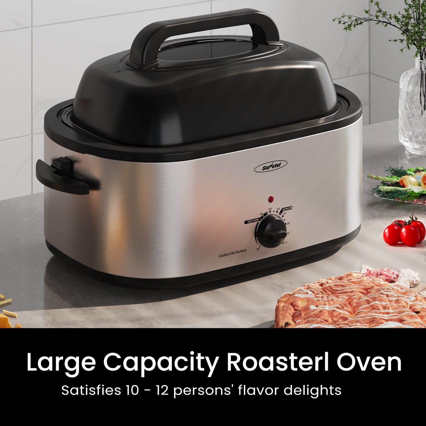 Sunvivi 26 Quart Electric Turkey Roaster Oven with Visible Glass Lid,Removable Pan & Rack, Stainless Steel, Silver