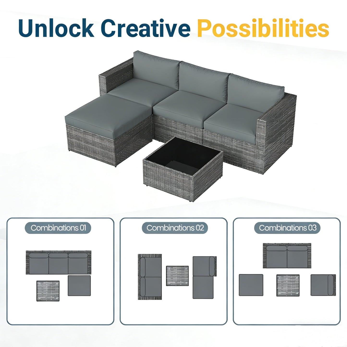 Royalcraft Outdoor Patio Set,5 Pcs PE Wicker Rattan Outdoor Furniture Set, Tempered Glass Coffee Table, Grey