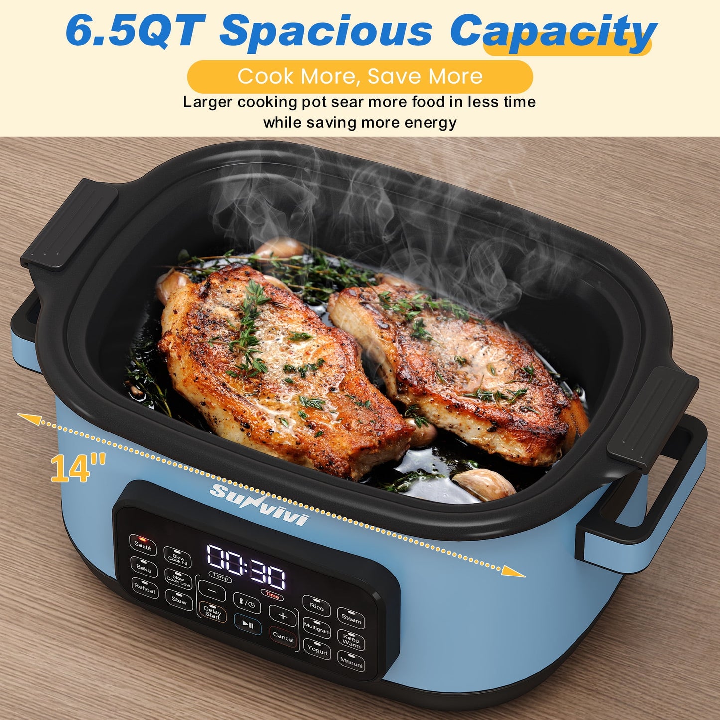 Heynemo 12-in-1 Digital Programmable Slow Cooker, 6.5 QT Large Multicooker, Multi-Cooker with Timer, Temp Control, Blue