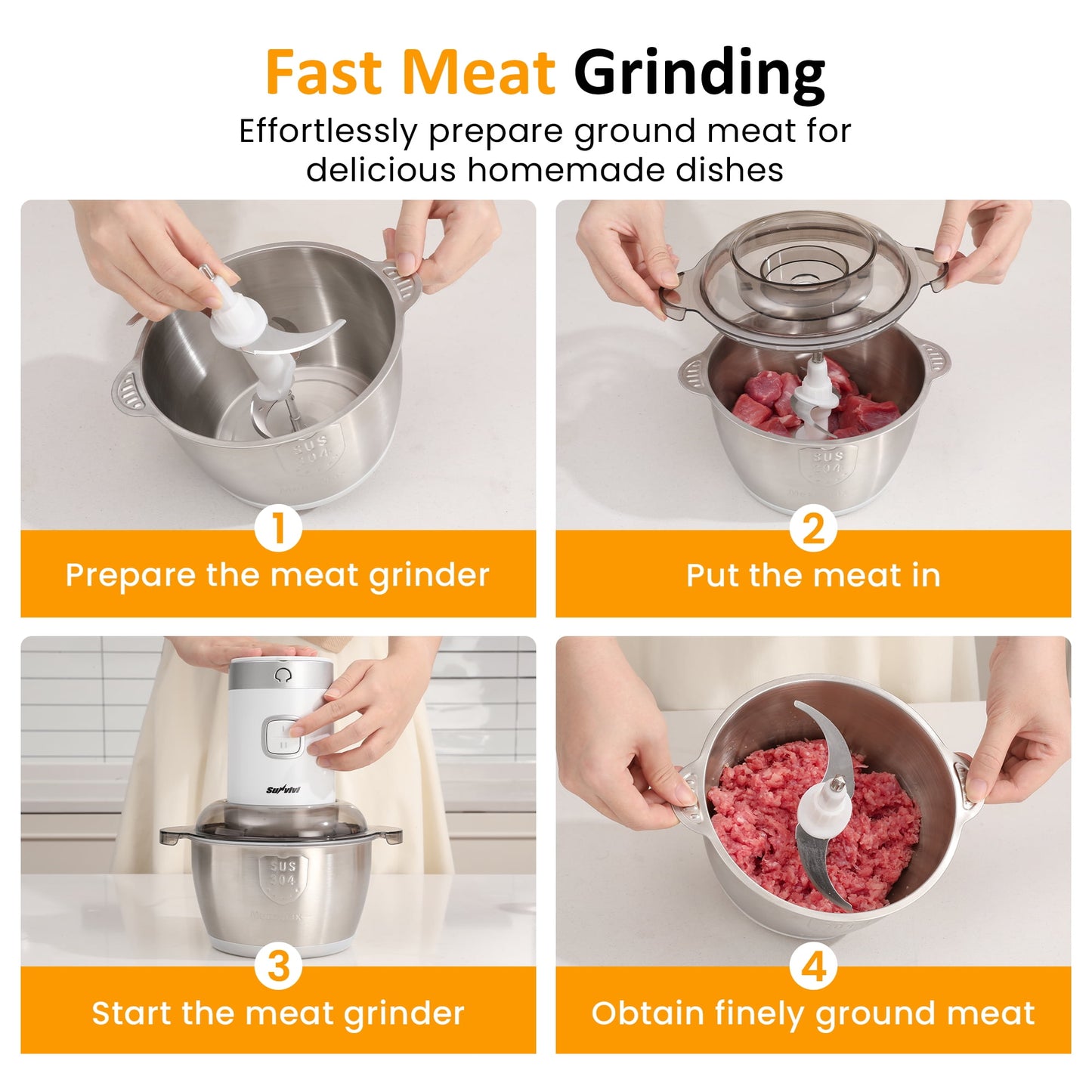Sunvivi 350W Food Processor and Chopper Combo, 4-in-1 Blender for Meat, Vegetables, Coffee Grinding, Juicing & Garlic Peeling