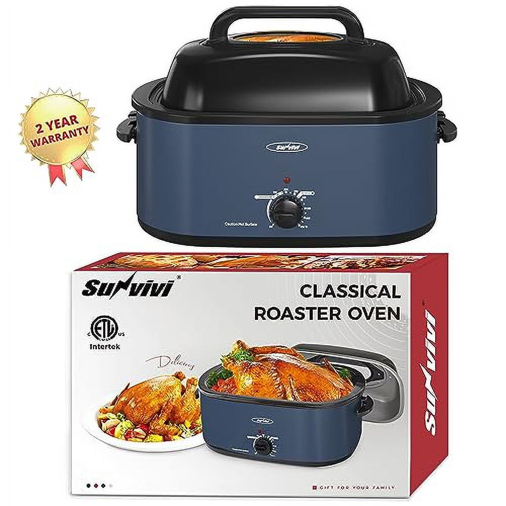 Sunvivi 26 Quart Electric Turkey Roaster Oven with Visible Glass Lid,Removable Pan & Rack, Stainless Steel,Blue
