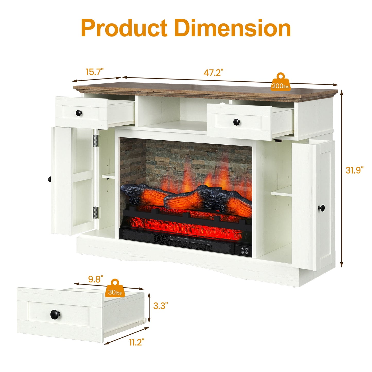 May in Color White TV Stand with 28'' Fireplace, Media Console Table with Adjustable Shelves, Entertainment Center with Double-door Design for Living Room, Bedroom