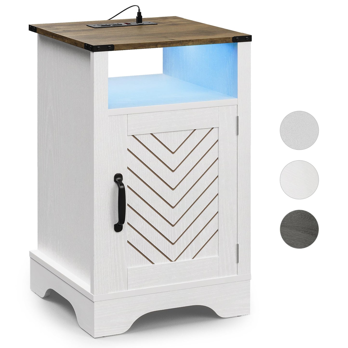 Superjoe LED Nightstand with Charging Station, Bedside Table with Storage Cabinet and Shelf, Rustic End Table, Farmhouse Wooden Side Table, for Bedroom, Living Room, White and Rustic Oak