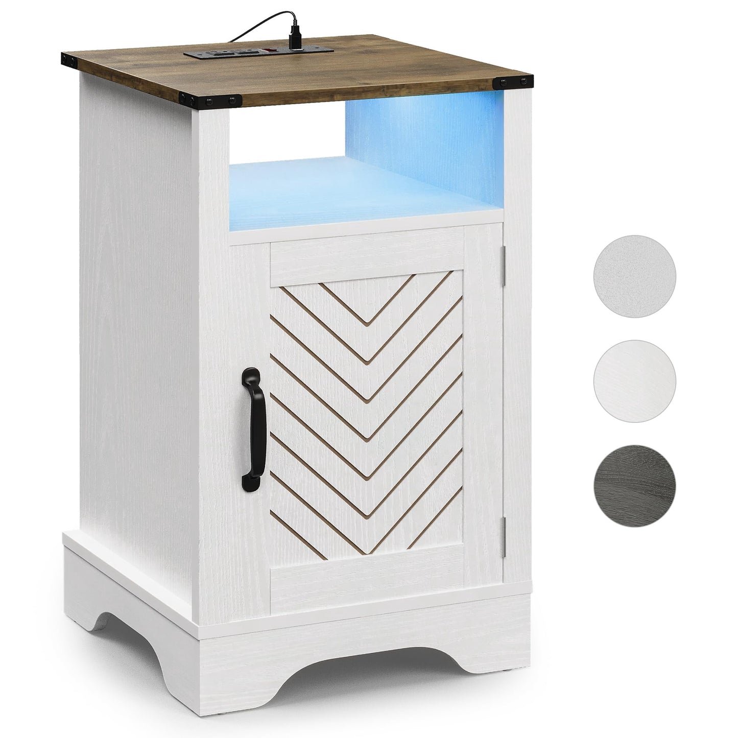 Superjoe LED Nightstand Set of 2 with Charging Station, Bedside Table with Storage Cabinet and Shelf, Rustic End Table, Farmhouse Wooden Side Table, for Bedroom, Living Room, White and Rustic Oak