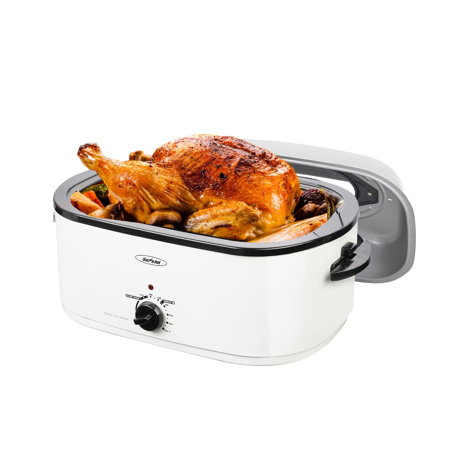 RoyalCraft 24 Quart Electric Roaster Oven with Visible & Self-Basting Lid, Stainless Steel, White