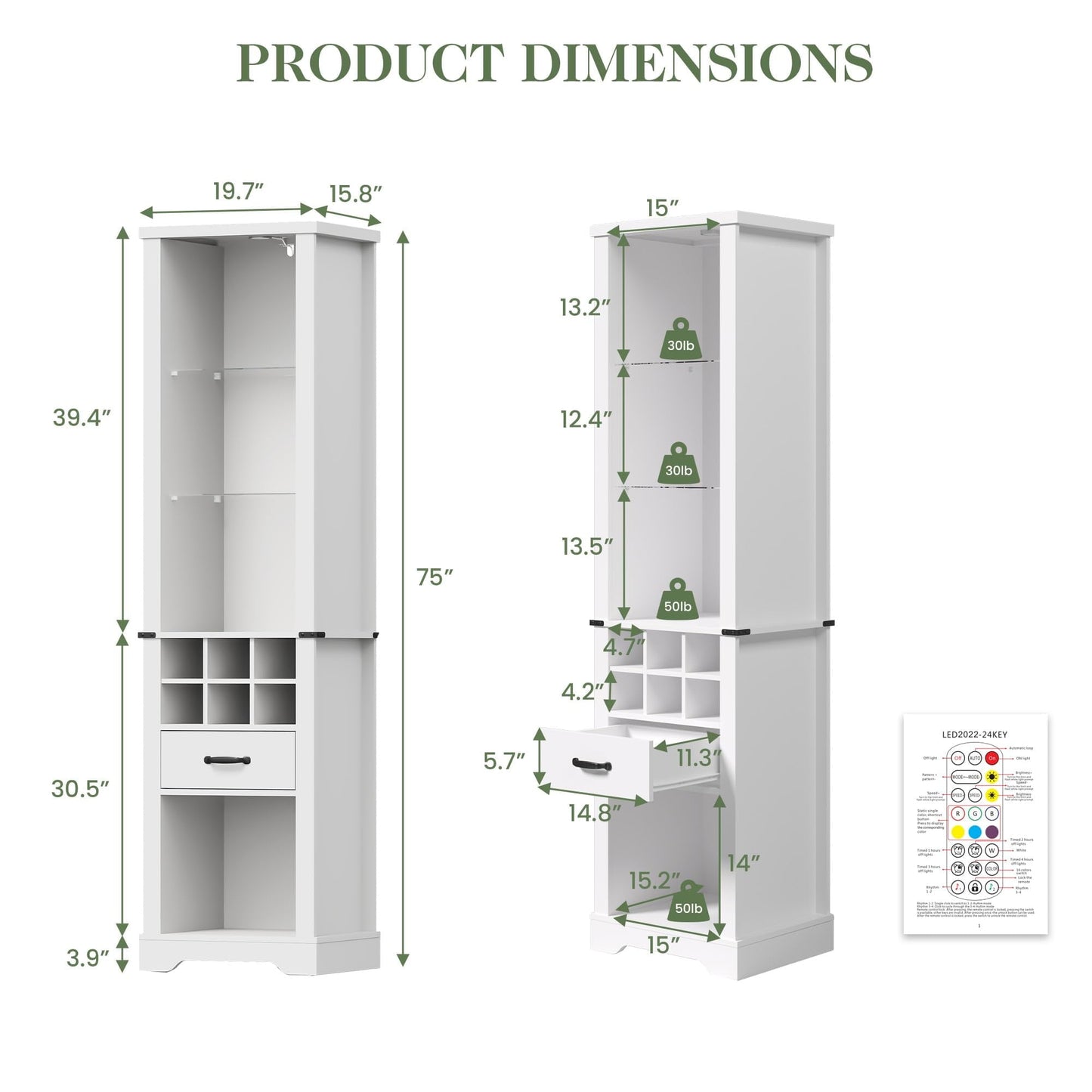 Royalcraft 75'' Tall Storage Cabinet with LED Light, Farmhouse Pantry Cabinet with Tempered Glass Adjustable Shelves & Wine Storage Rack, Freestanding Linen Tower for Bathroom, Living Room,White