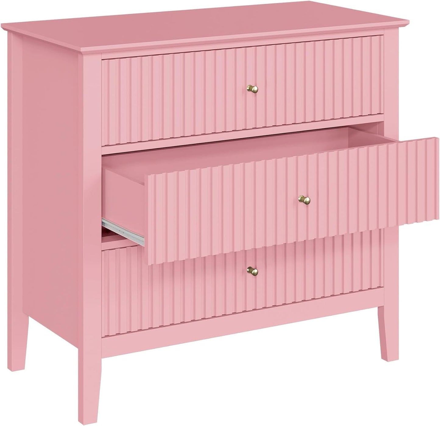 May in Color Pink Fluted Nightstand with 3 Drawers, Modern Bedroom End Table, Wood Bedside Table