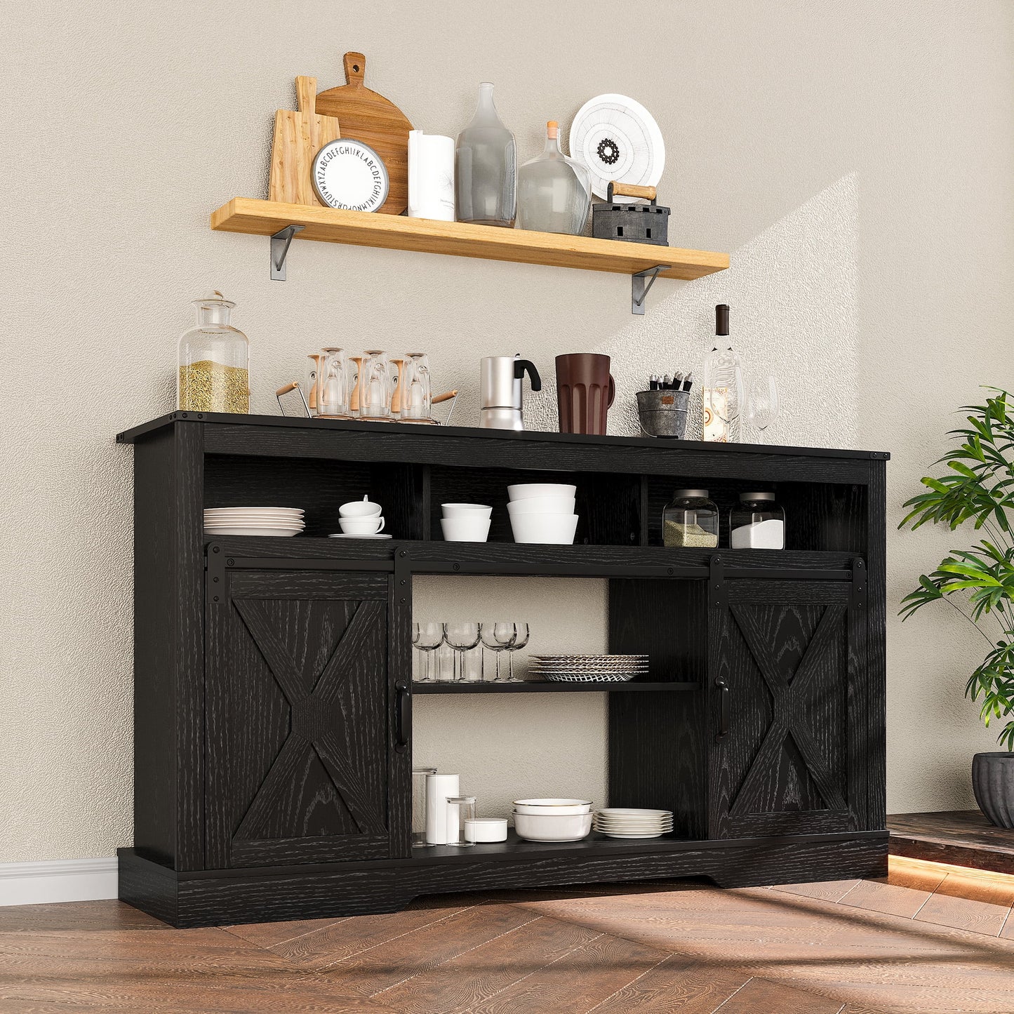 Mayincolor Farmhouse TV Stand for 65+ Inch TVs, 34'' Tall Entertainment Center with Sliding Barn Door, Rustic Black