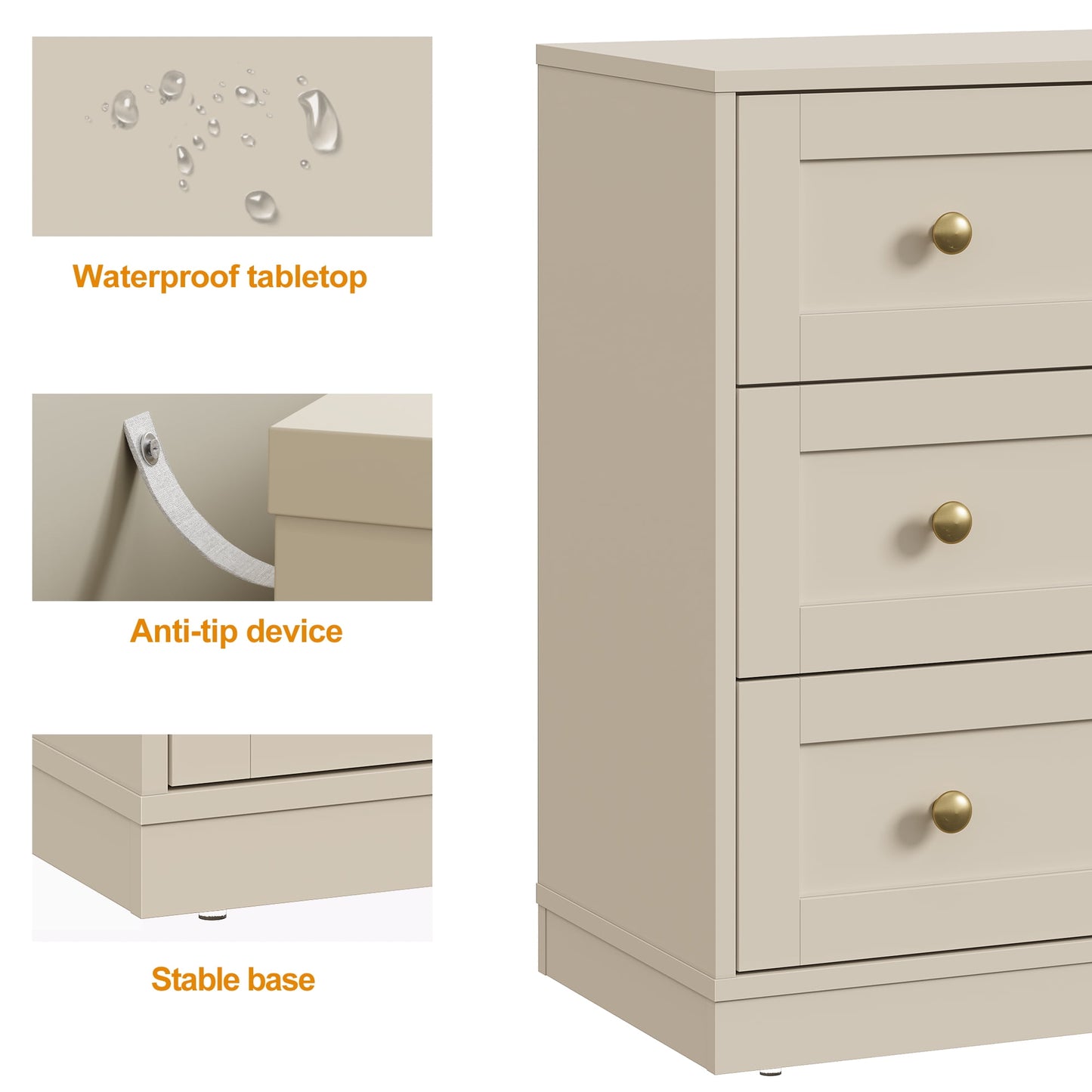 May in Color 3 Drawer Nightstand with Gold Knobs, Wood End Table, Beige
