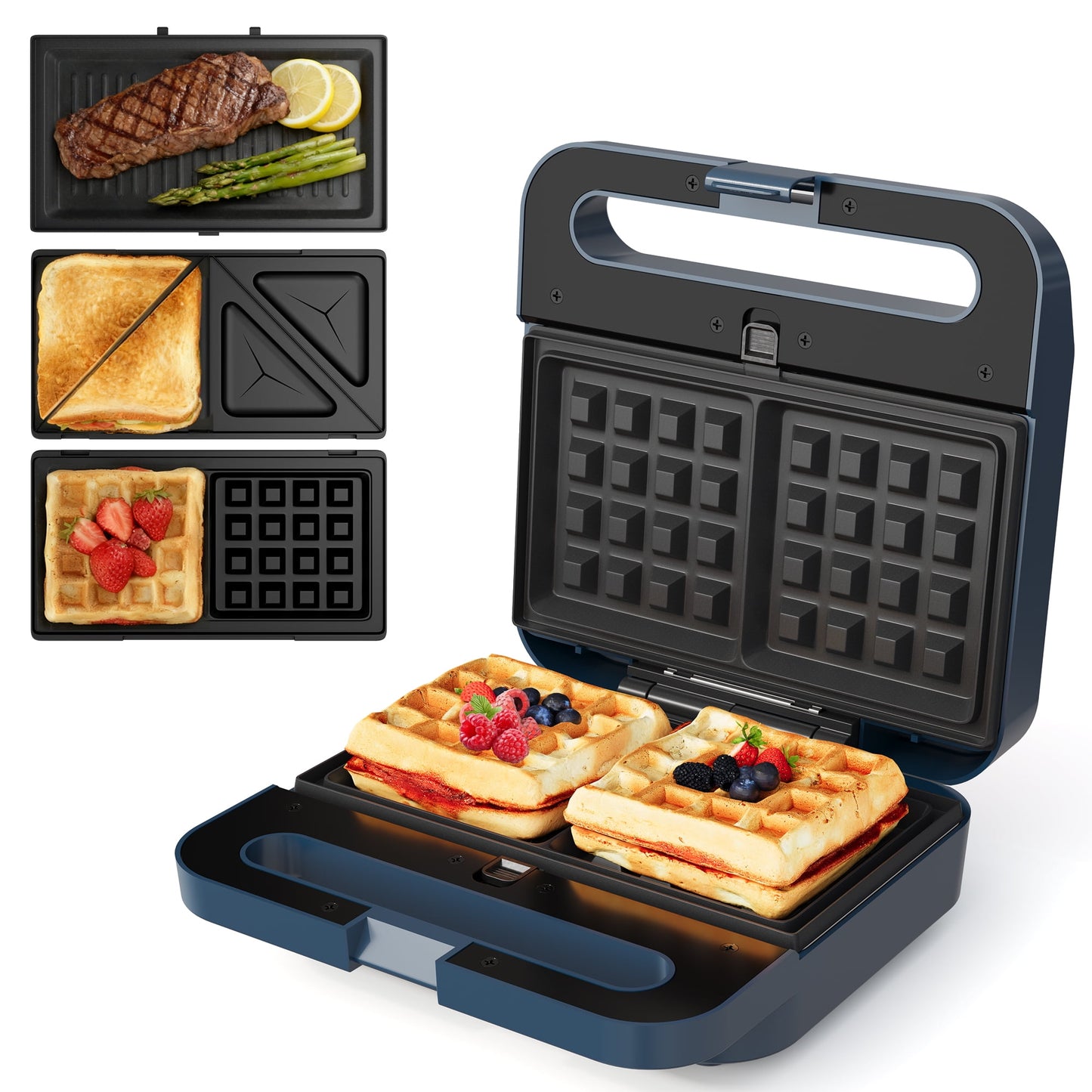 Heynemo 3-in-1 Electric Sandwich Maker Waffle Grill Panini Press 1000W Non-Stick Removable Plates Blue