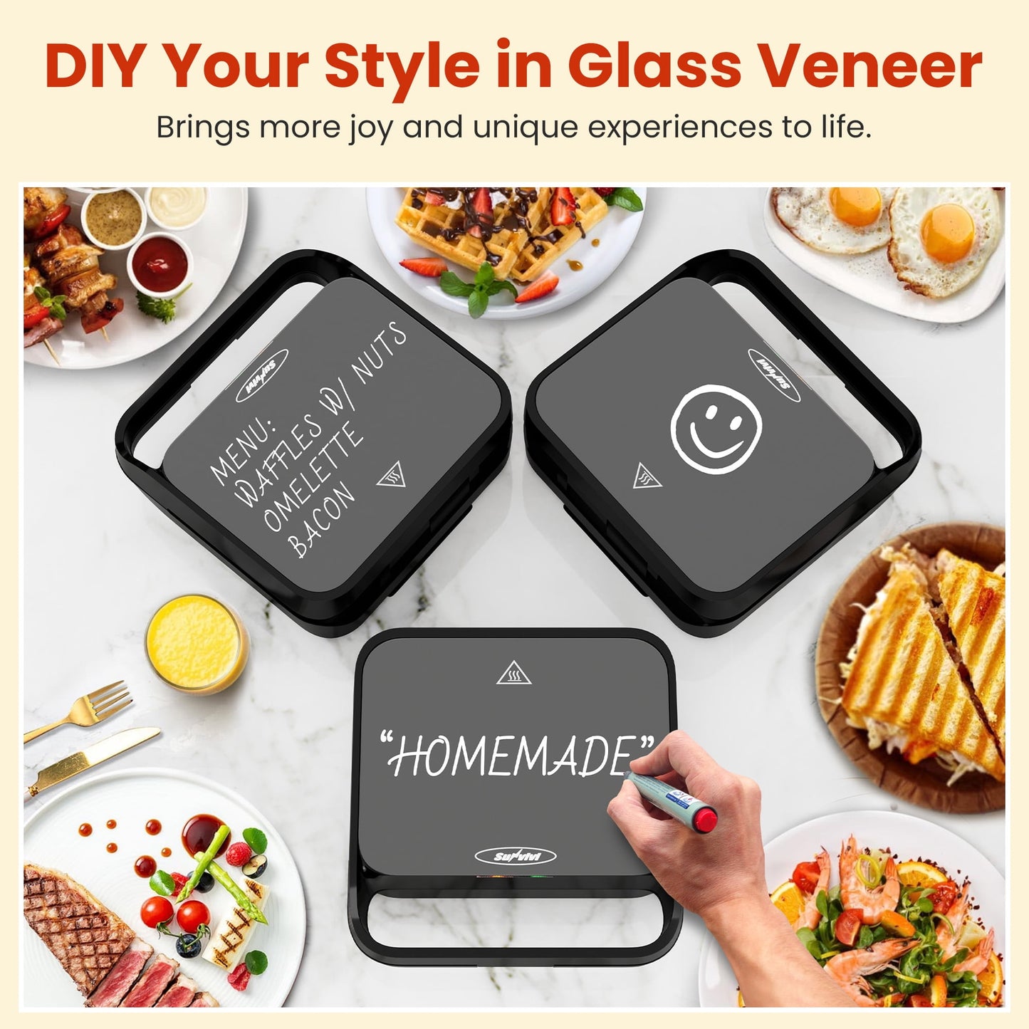 Heynemo 3-in-1 Electric Sandwich Maker & Waffle Grill, 850W Panini Press with Non-Stick Removable Plates & Tempered Glass Top, Cool Touch Handle, Easy to Clean, Black