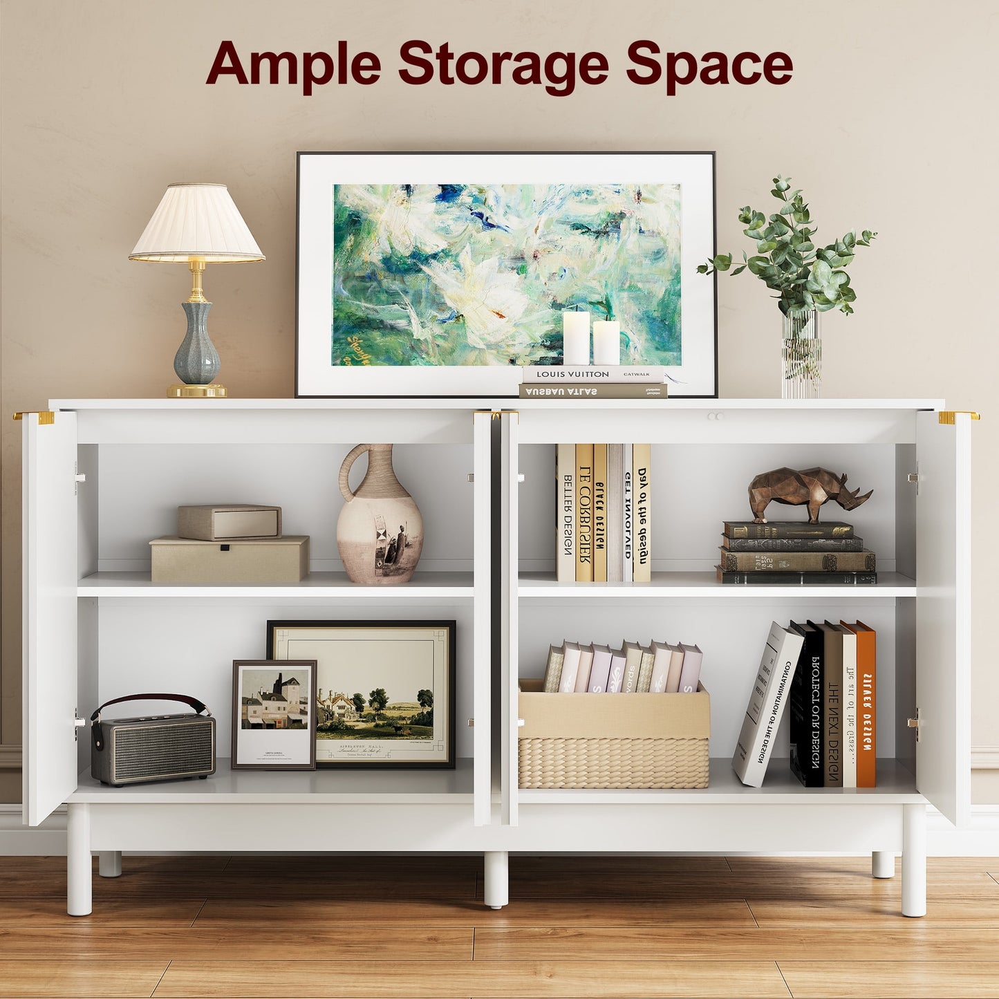 May in Color 55'' Buffet Cabinet with Fluted Door and Adjustable Shelves, Wood Credenzas Coffee Bar Cabinet for Kitchen, Dining Room, Living Room, White
