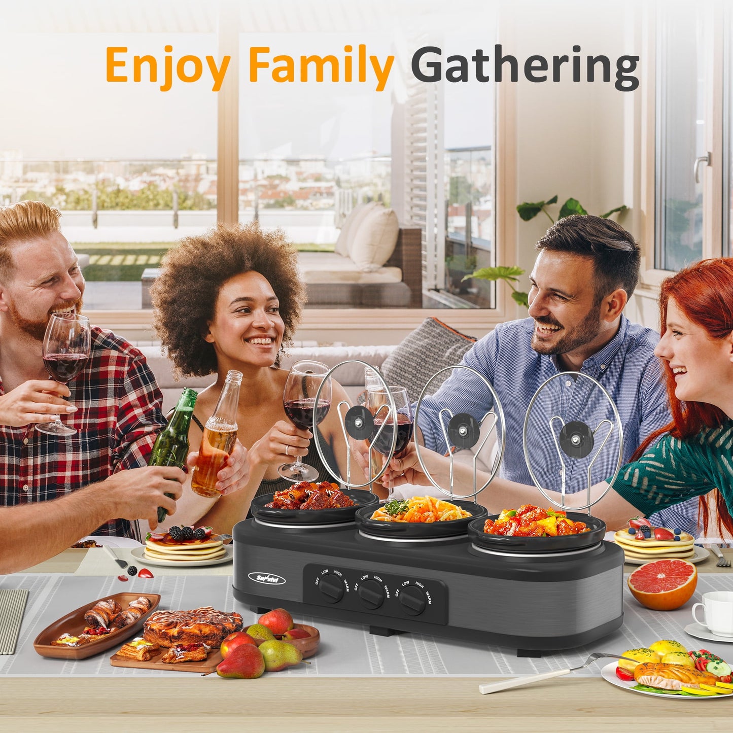 Royalcraft Triple Slow Cooker Buffet Server with 3 Removable 1.5 Qt Pots, Glass Lids, Spoons, Stainless Steel, Silver