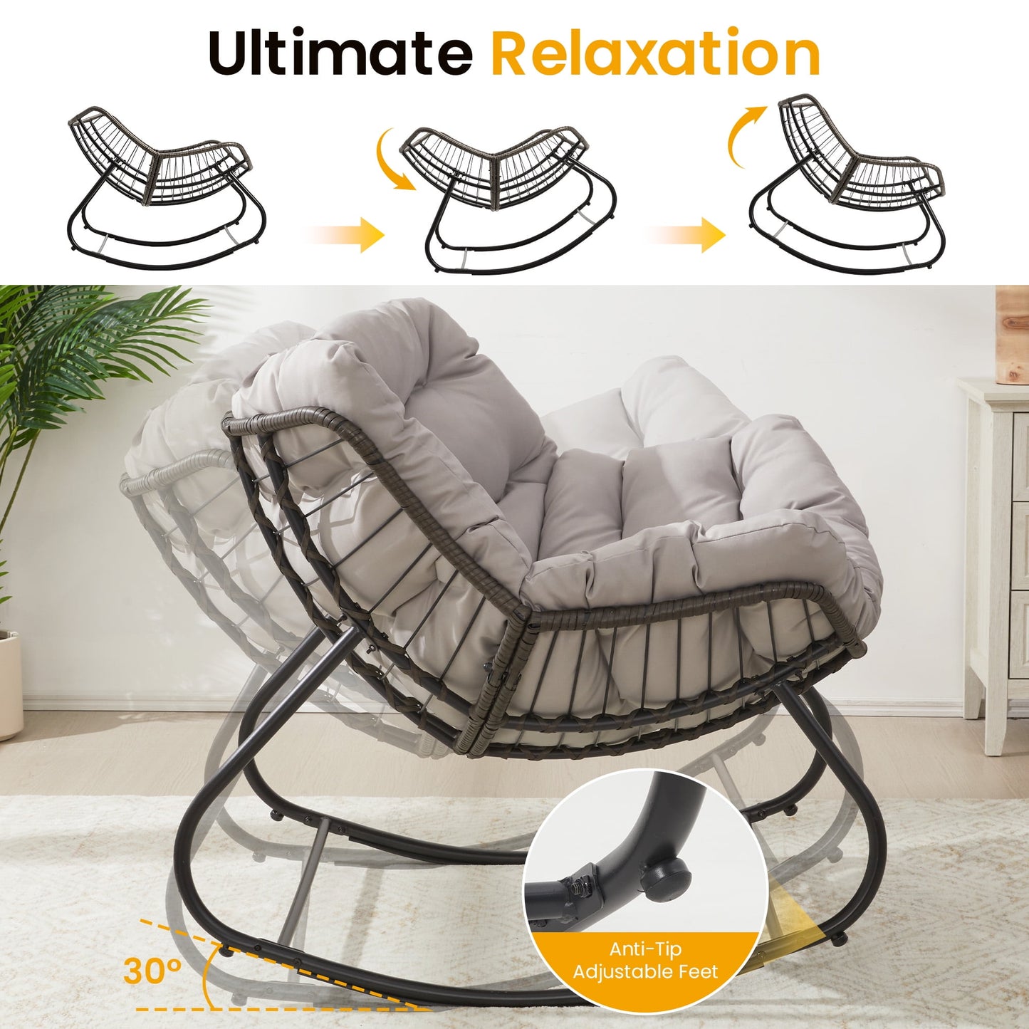 Heynemo Oversized Outdoor Wicker  Rocking Chair with Ottoman, Patio Rattan Papasan Chair with Cushion & Foot Rest for Indoor Outside Porch, Garden, Living Room