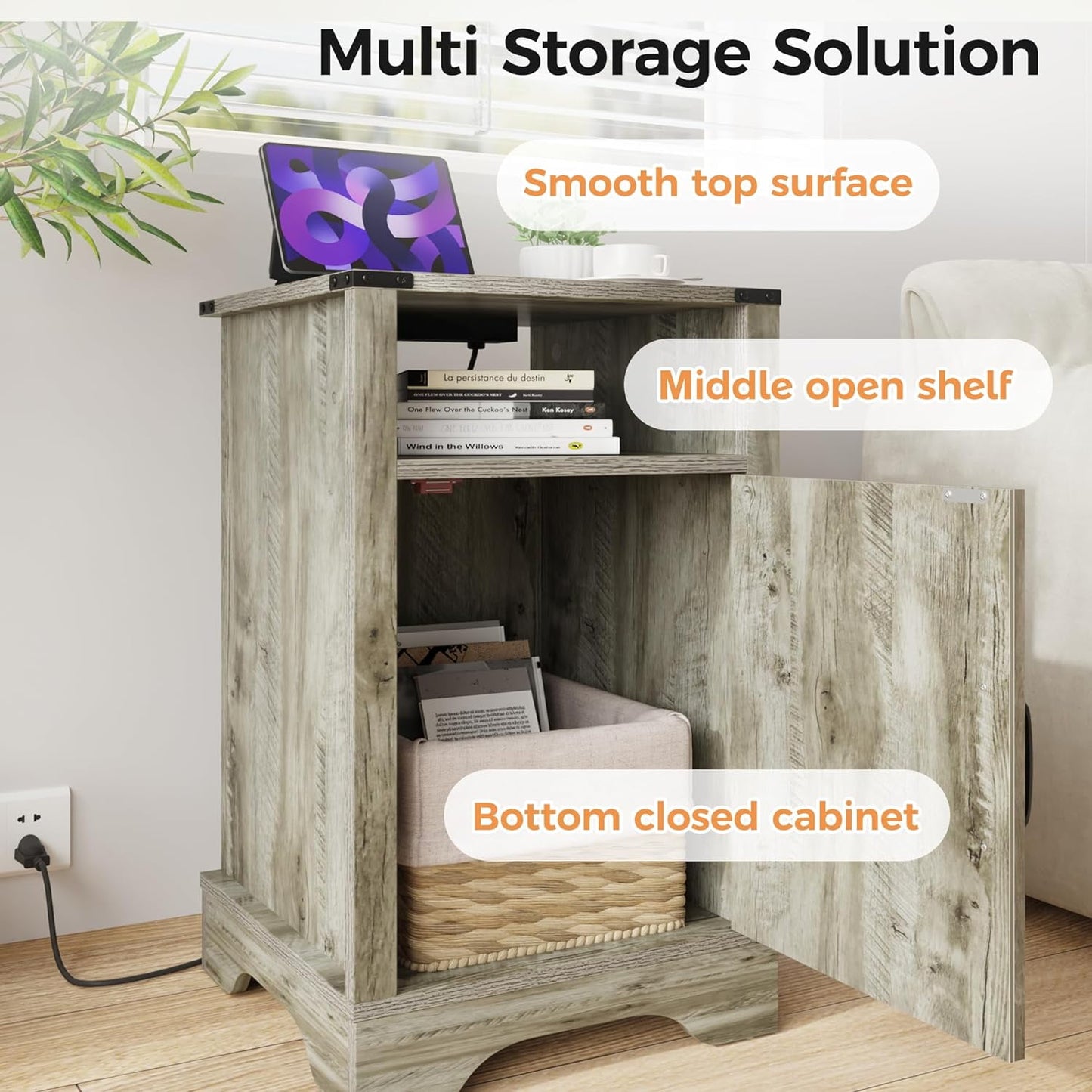 Mayincolor Rustic Charging Station Wood Nightstand End Table, Light Grey