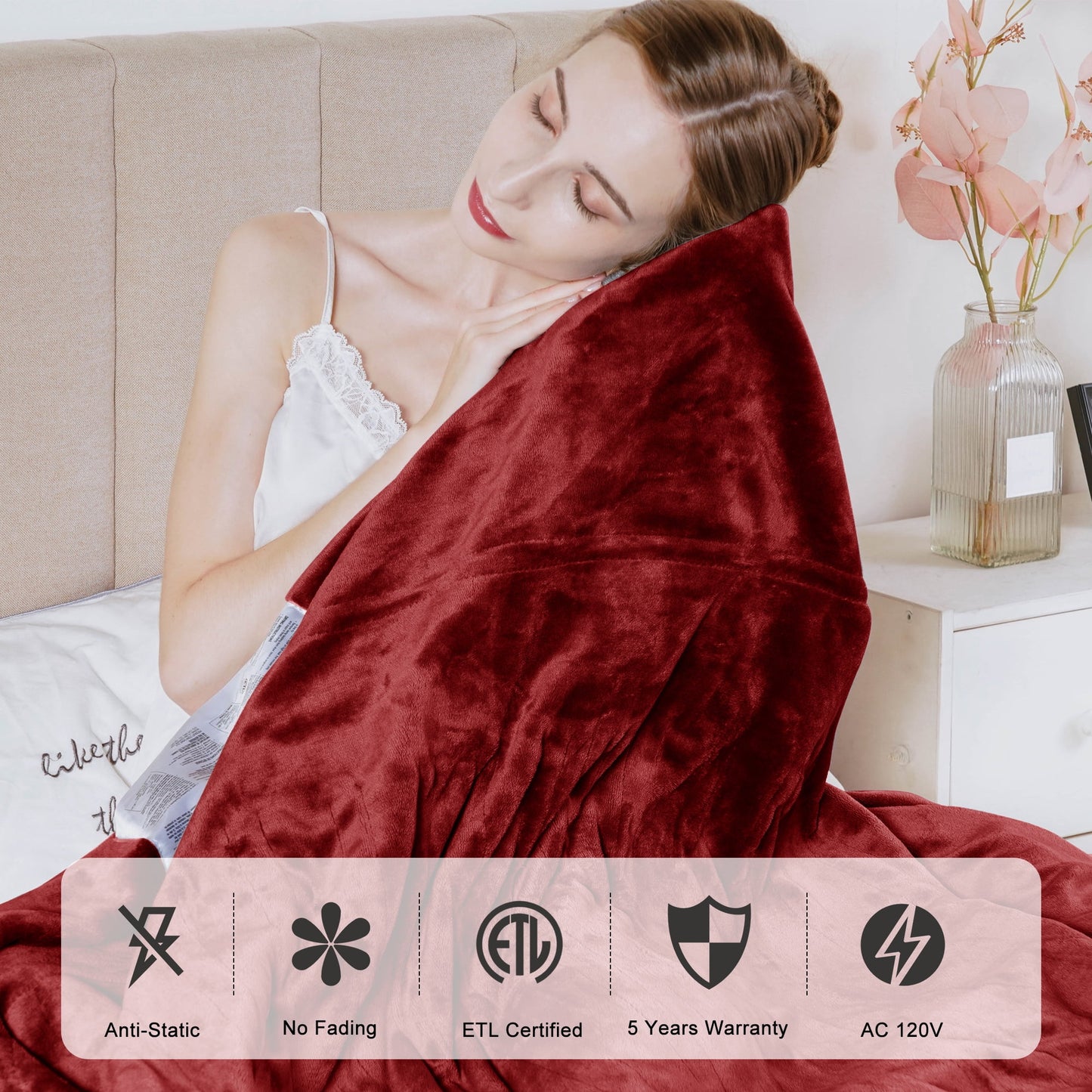 Heated Blanket Queen Size, Electric Blanket Dual Control Soft Velvet, 10 Heat Settings, 12 Hours Auto Off, Overheat Protection, Red