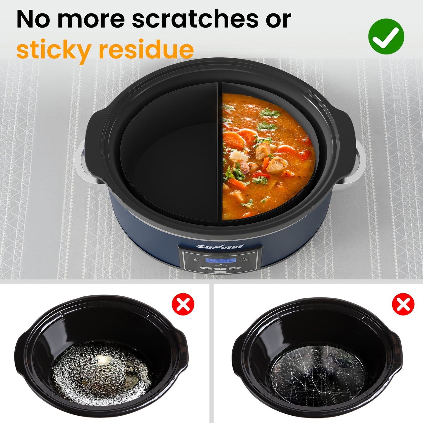 Heynemo 6 Qt Programmable Slow Cooker with 2-in-1 Silicone Liners and Digital Timer, Blue