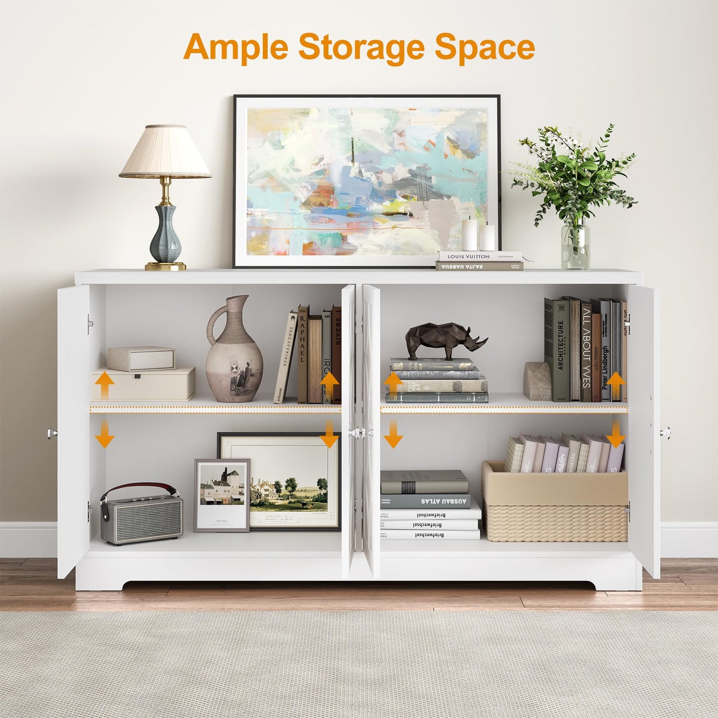 Heynemo Sideboard Buffet Cabinet with Storage, 56'' Modern Sideboard with 4 Doors and Adjustable Shelves, Wood Accent Cabinet for Entryway, Dining Room, Living Room, White