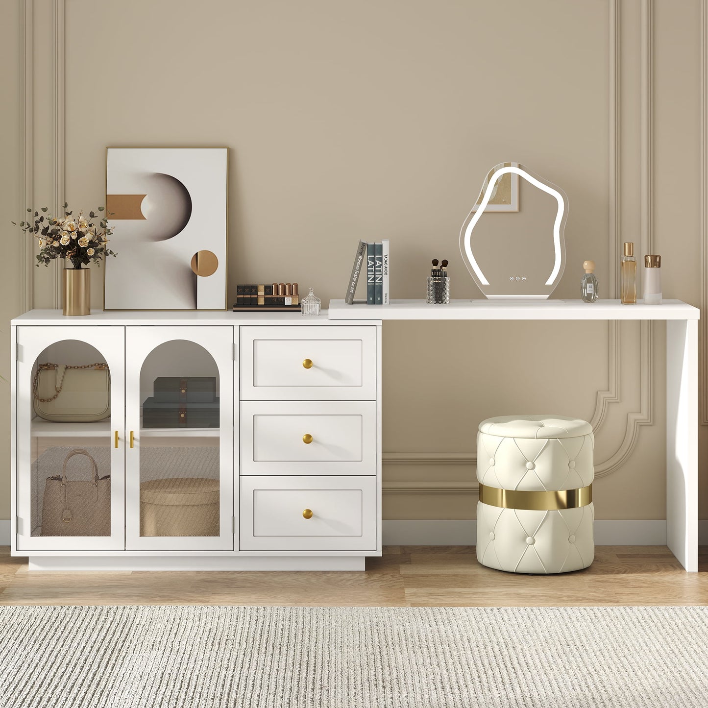 Heynemo Makeup Vanity Desk, Extendable Corner Vanity Makeup Table with 3 Drawers & 2 Door, Modern Dressing Table for Bedroom, Vanities for Women/Girls Bedroom (without Mirror)
