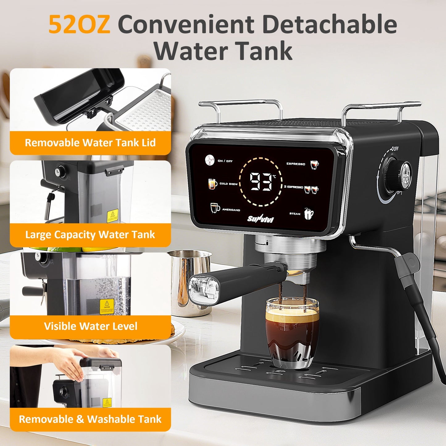 Heynemo 20 Bar Espresso Machine, 3-in-1 Hot & Iced Coffee Maker with Milk Frother, LED Touch Control, Removable 52oz Water Tank
