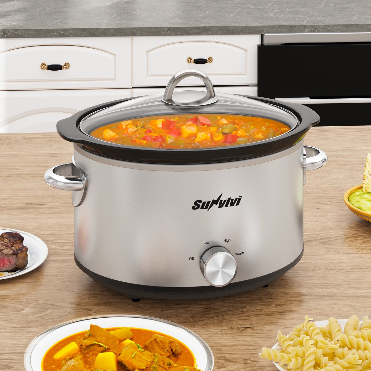 Sunvivi 4QT Compact Slow Cooker & Food Warmer, 3 Temperature Settings - Removable Ceramic Pot, Silver