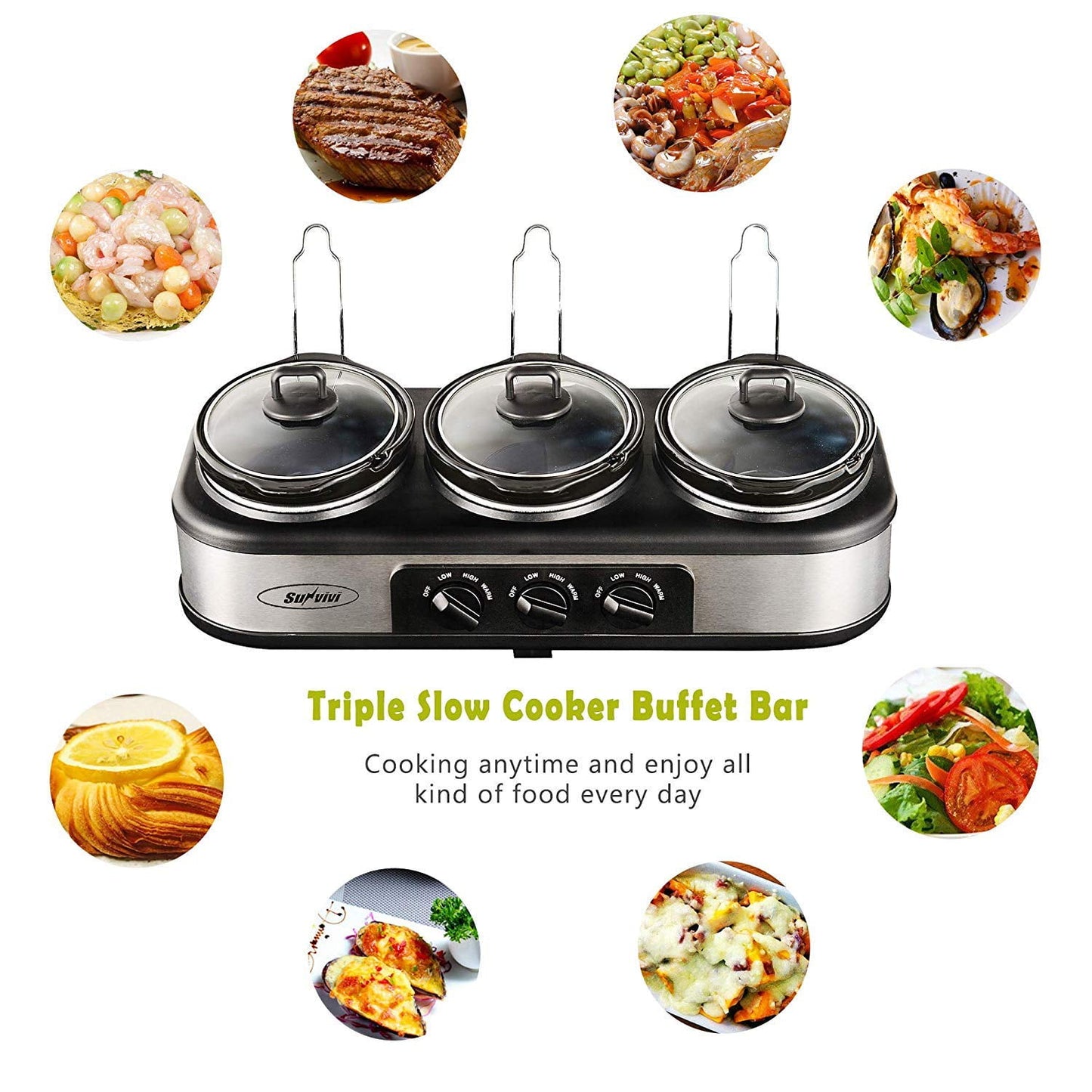 Superjoe r 3x1.5 Quart 3 Basins Removable Ceramic Pots Food Warmer Stainless Steel Triple Slow Cooker Buffet Serve