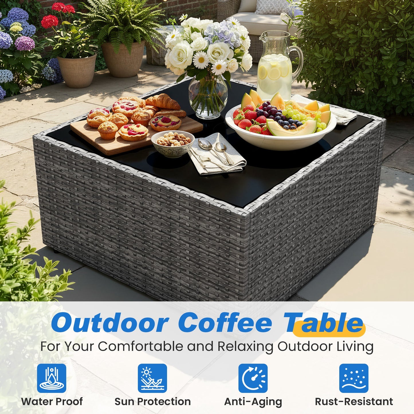 Heynemo 5-Piece Patio Furniture Set with Ottoman and Coffee Table, Outdoor Rattan Furniture Set with Gray Cushions
