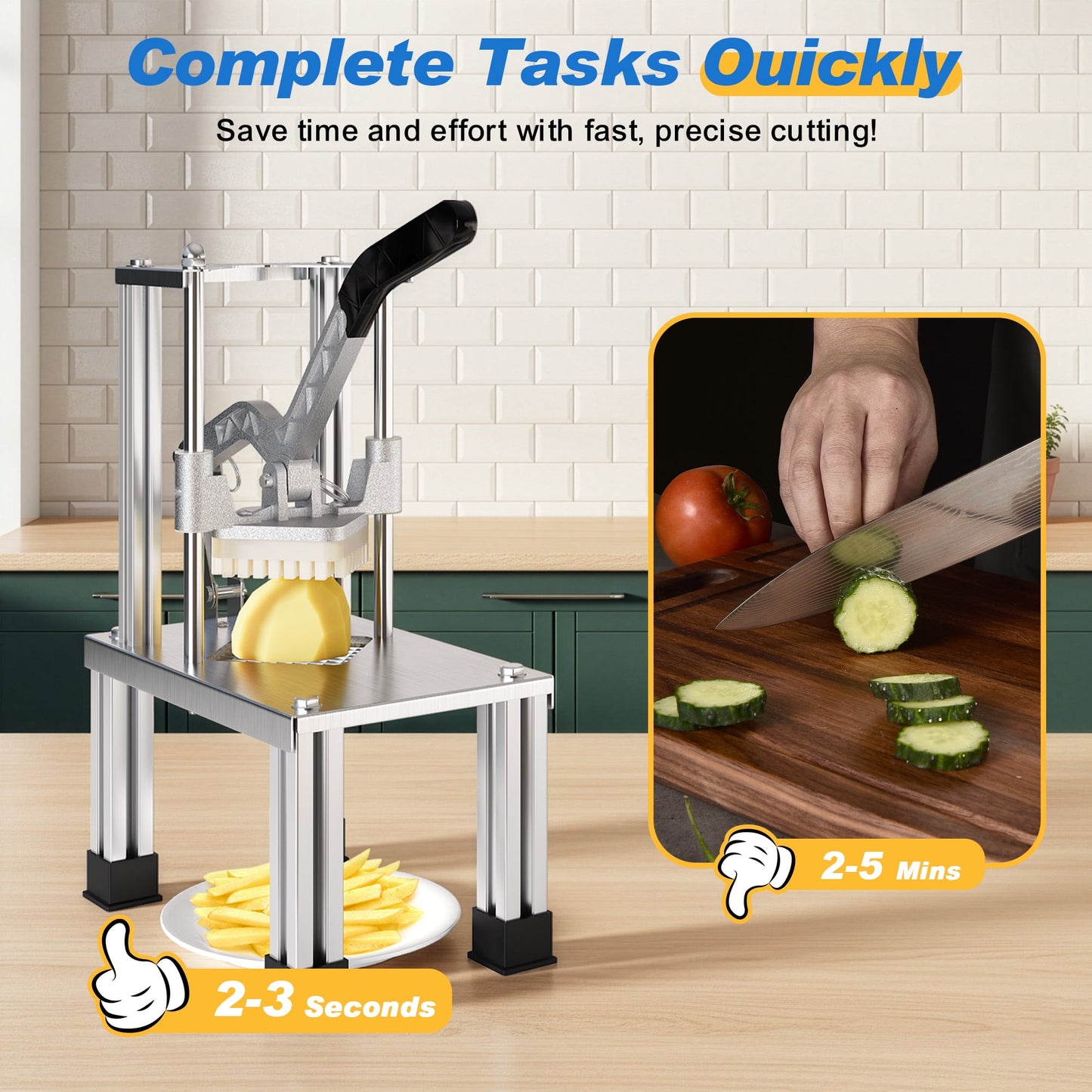 Sunvivi French Fry Cutter Heavy Duty, Commercial Potato Slicer with 2 Blades (1/2" & 3/8"), Stainless Steel for Home & Restaurant