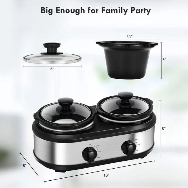 Superjoe Dual Pot Slow Cooker 2x1.25 qt Food Warmer with Adjustable Temp Slow Cooker Buffet Server Stainless Steel