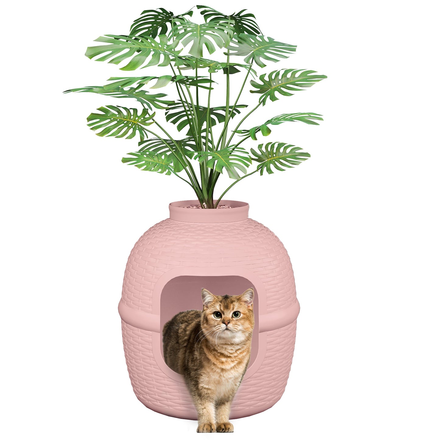Hidden Litter Box with Faux Plant, Large Cat Litter Box with Rattan Pattern, Heavy Duty PP Material Litter Box Enclosure Furniture for Home Decor,Pink