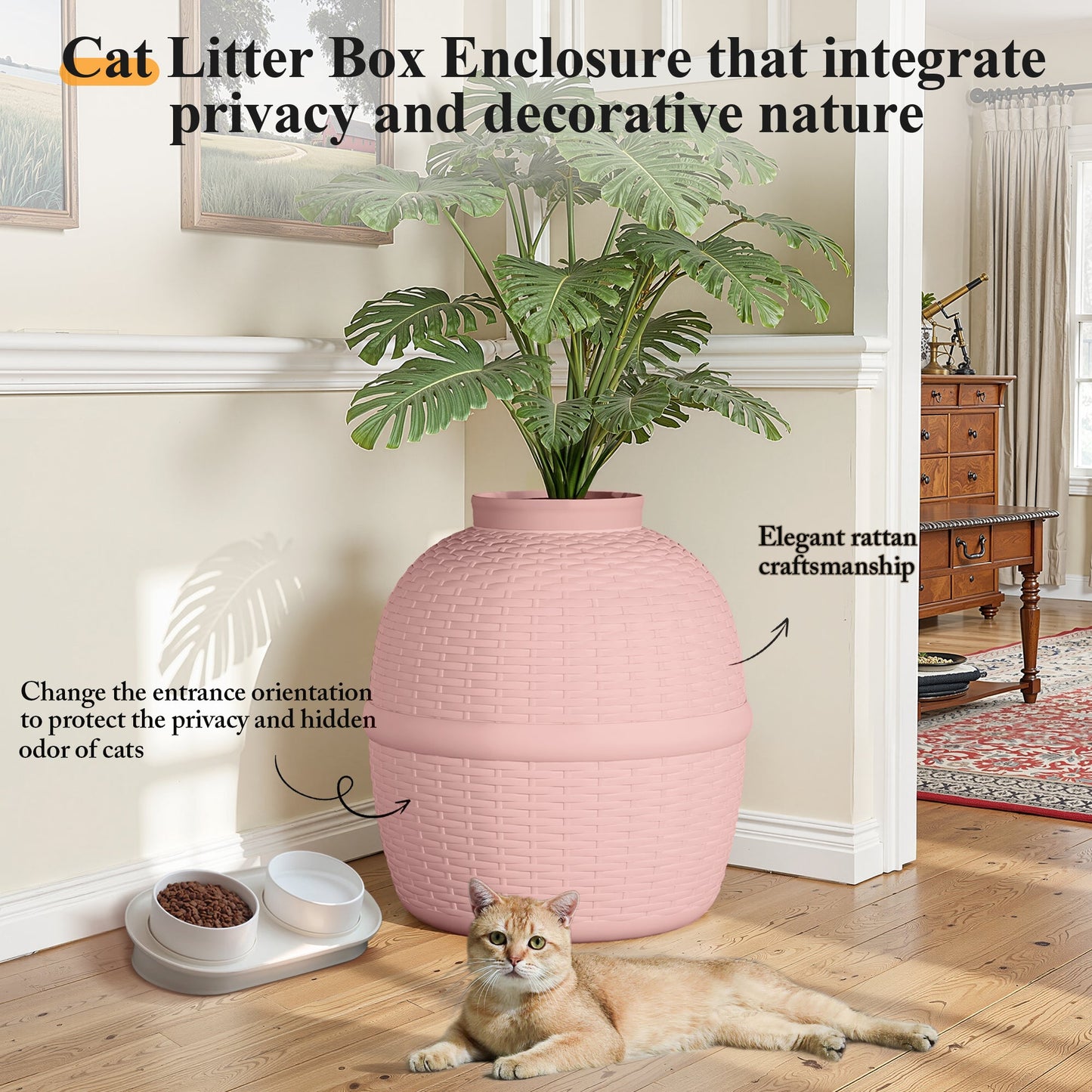 Hidden Litter Box with Faux Plant, Large Cat Litter Box with Rattan Pattern, Heavy Duty PP Material Litter Box Enclosure Furniture for Home Decor,Pink
