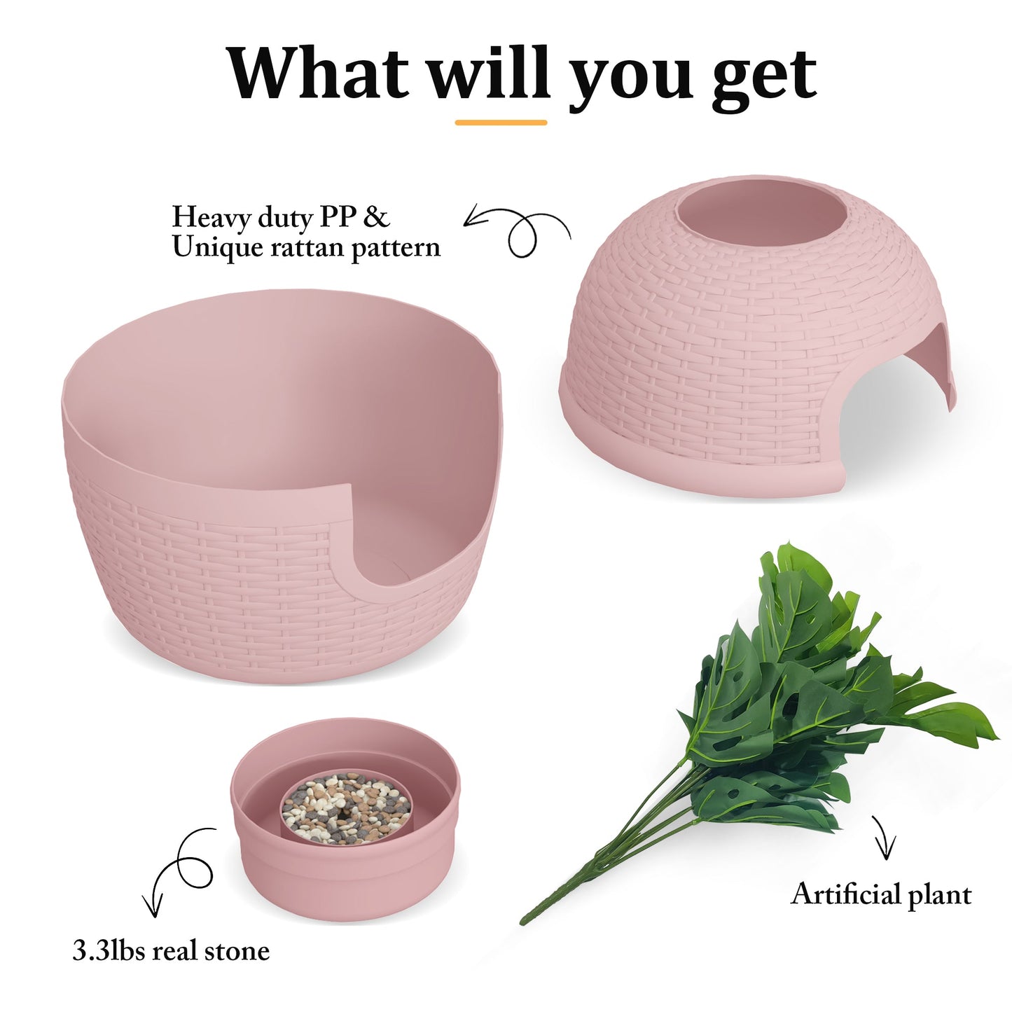 Hidden Litter Box with Faux Plant, Large Cat Litter Box with Rattan Pattern, Heavy Duty PP Material Litter Box Enclosure Furniture for Home Decor,Pink