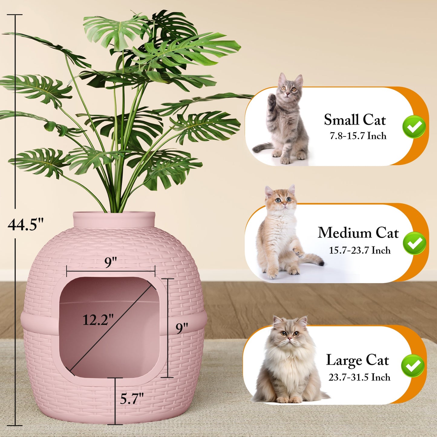 Hidden Litter Box with Faux Plant, Large Cat Litter Box with Rattan Pattern, Heavy Duty PP Material Litter Box Enclosure Furniture for Home Decor,Pink