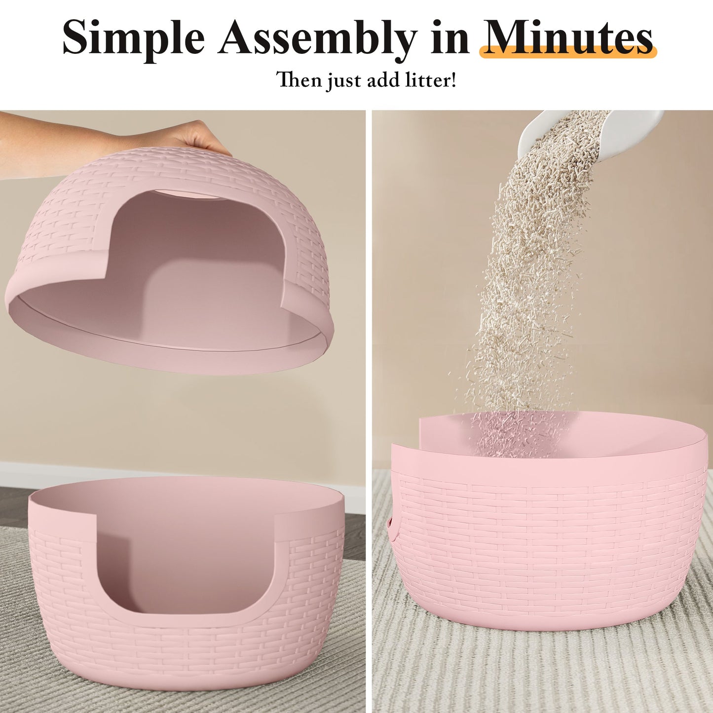 Hidden Litter Box with Faux Plant, Large Cat Litter Box with Rattan Pattern, Heavy Duty PP Material Litter Box Enclosure Furniture for Home Decor,Pink