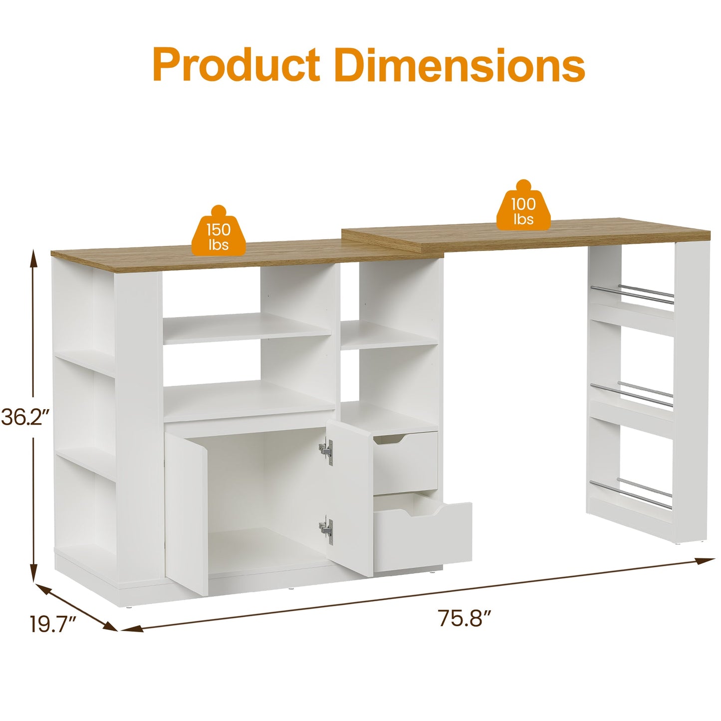 Royalcraft Kitchen Island with Storage, Extendable & Rotatable Kitchen Prep Table with 3 Side Shelves and 2 Drawers,  Kitchen Shelf Bar Table, Wood Buffet Sideboard Cabinet for Dining Room, White