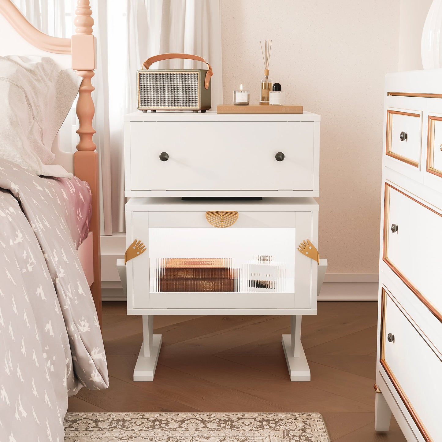 RoyalCraft White Nightstand with LED Light Strips, Modern End Table with 360¡ã Rotating Drawer, Bedside Table with Glass Door Storage, Wood Night Stand Cabinet for Living Room, Bedroom, Nursery