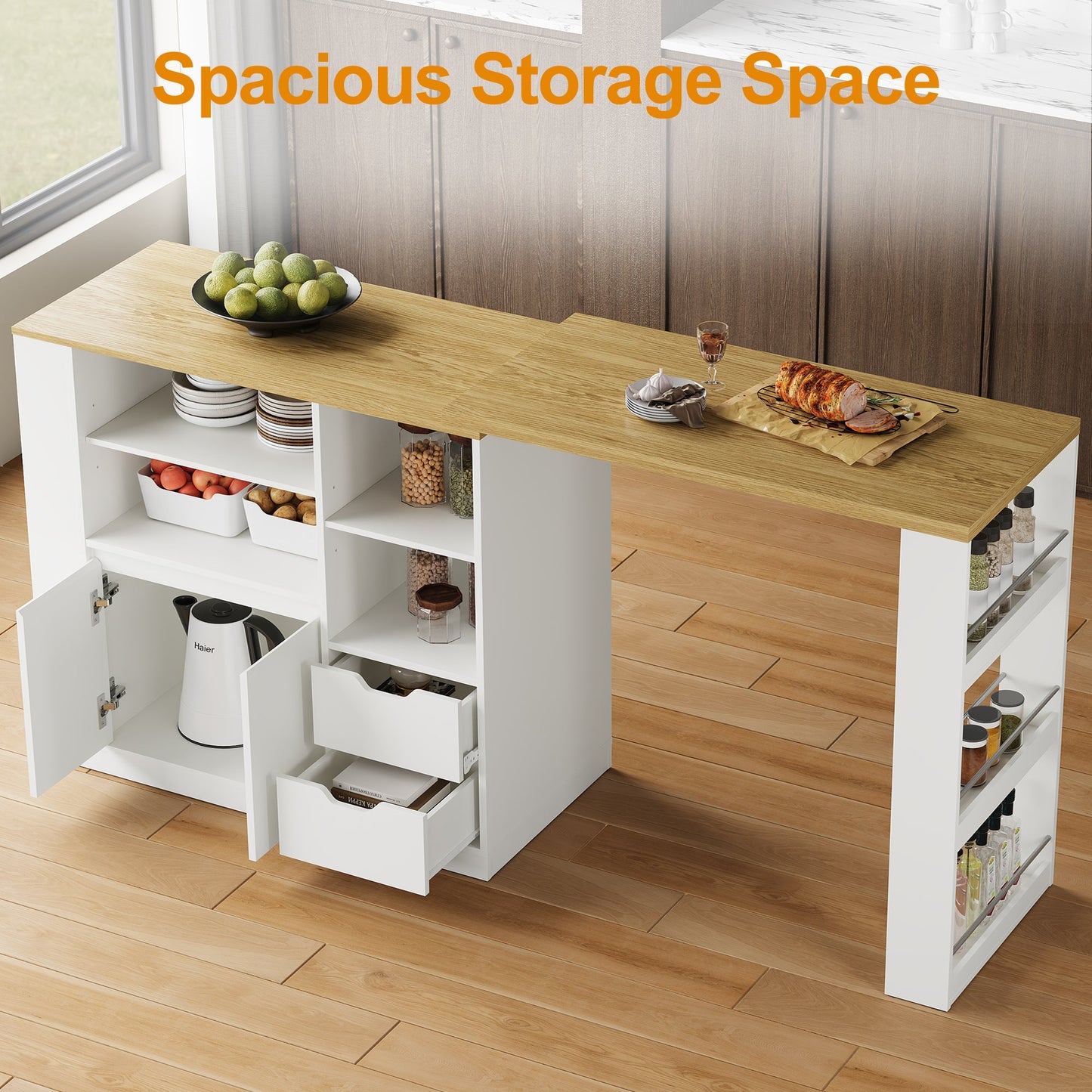 Royalcraft Kitchen Island with Storage, Extendable & Rotatable Kitchen Prep Table with 3 Side Shelves and 2 Drawers,  Kitchen Shelf Bar Table, Wood Buffet Sideboard Cabinet for Dining Room, White
