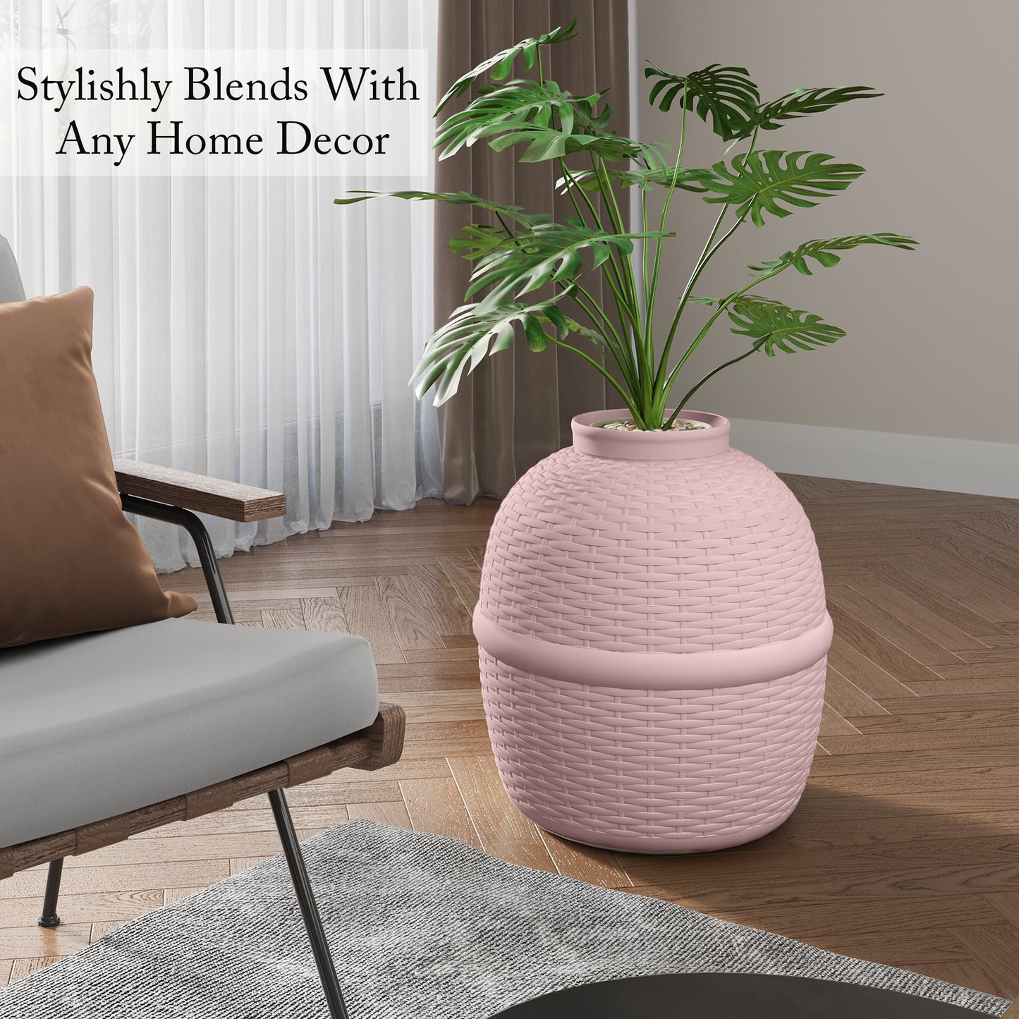 Hidden Litter Box with Faux Plant, Large Cat Litter Box with Rattan Pattern, Heavy Duty PP Material Litter Box Enclosure Furniture for Home Decor,Pink