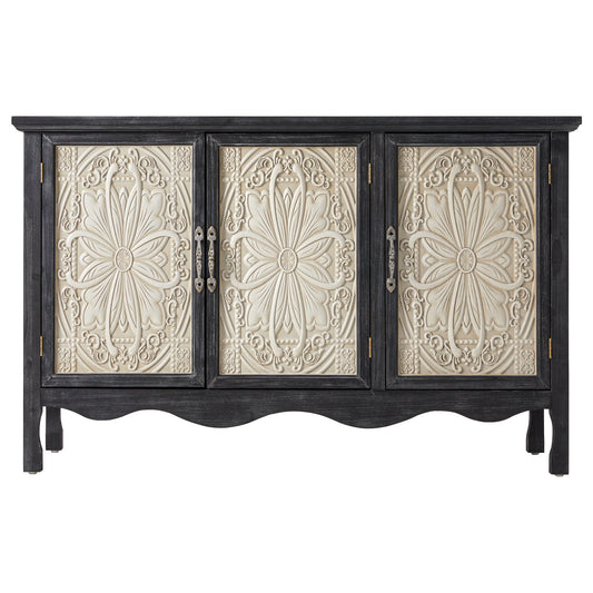 Royalcraft Accent Cabinet Rustic Storage Cabinet with 3 Carved Doors, Vintage Sideboard Buffet Cabinet with Shelves, Wood Credenza Entryway Cabinet for Kitchen, Dining Room, Living Room, Bedroom, Black
