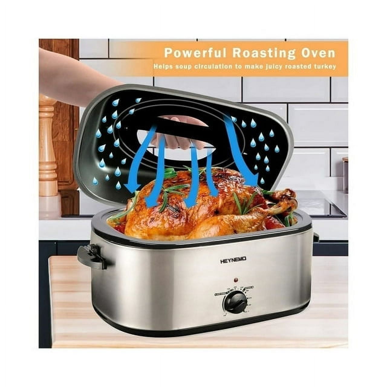 24 Quart Electric Roaster Oven, Stainless Steel Buffet Turkey Roaster Oven with Self-Basting Lid Removable Pan, Silver