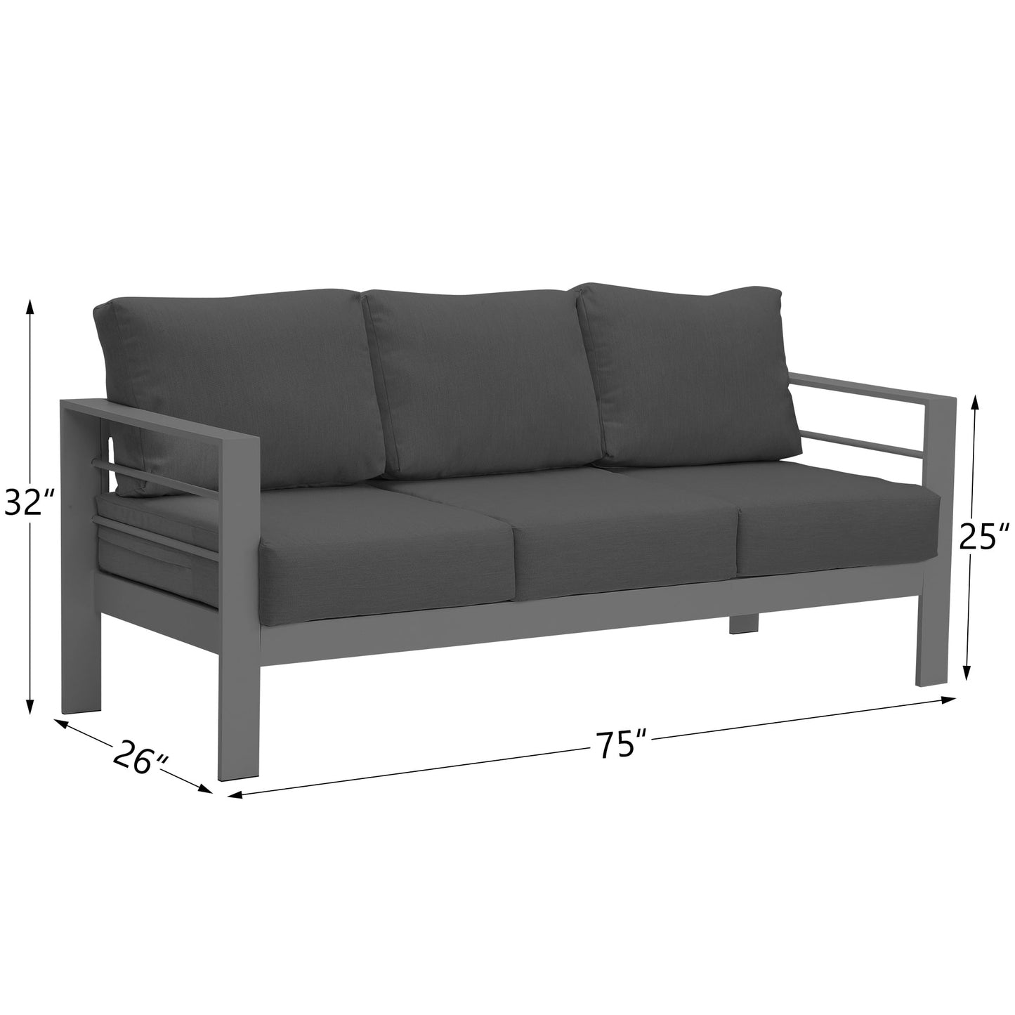 Heynemo 3 Seats Patio Aluminum Sofa Furniture, Metal Outdoor Couch with Cushions, Dark Grey