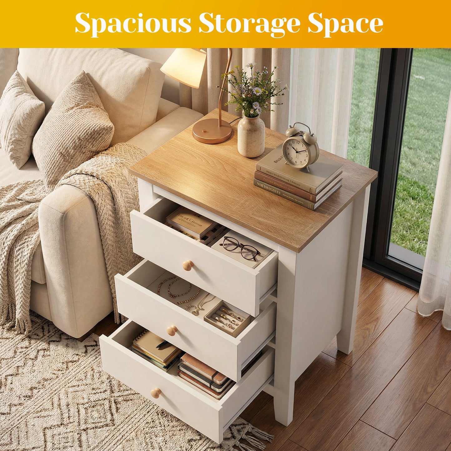 May in Color Tall 3 Drawer Nightstand, Modern Bedside Table with Solid Wood Knobs, Wood Side Table for Bedroom, Living Room, White