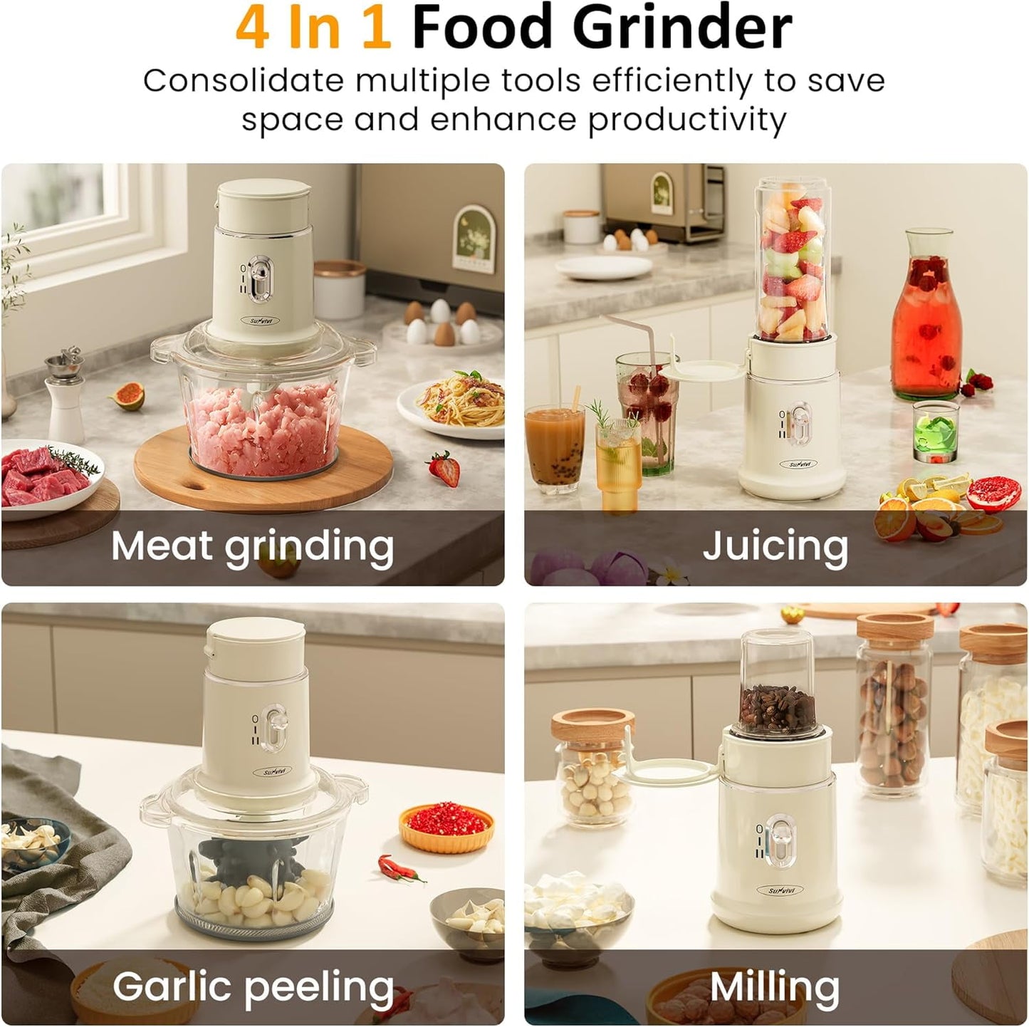 Superjoe Electric Food Chopper, Electric 4 in 1 Food Grinder for Grinding Meat, Peeling Garlic & Juicing, 2 Speed Blender and Food Processor Combo with 1.5L Glass Bowl & 2 Cups (0.4L+0.2L), 250W Beige