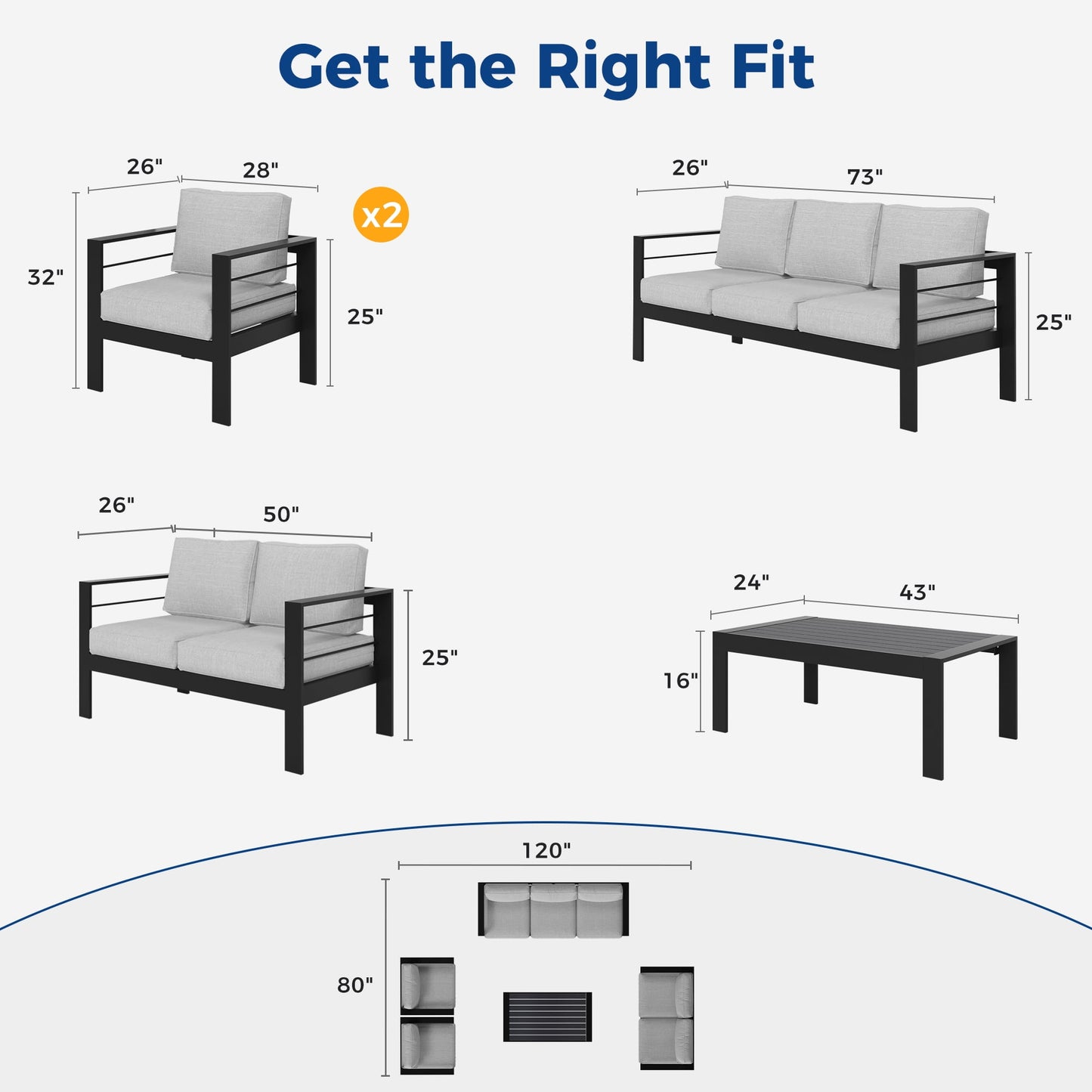 Superjoe 5 Pcs Outdoor Aluminum Furniture Set 7 Seats Patio Sectional Sofa Conversation Set Chat Counch Chair with Table Black Frame Light Gray Cushion