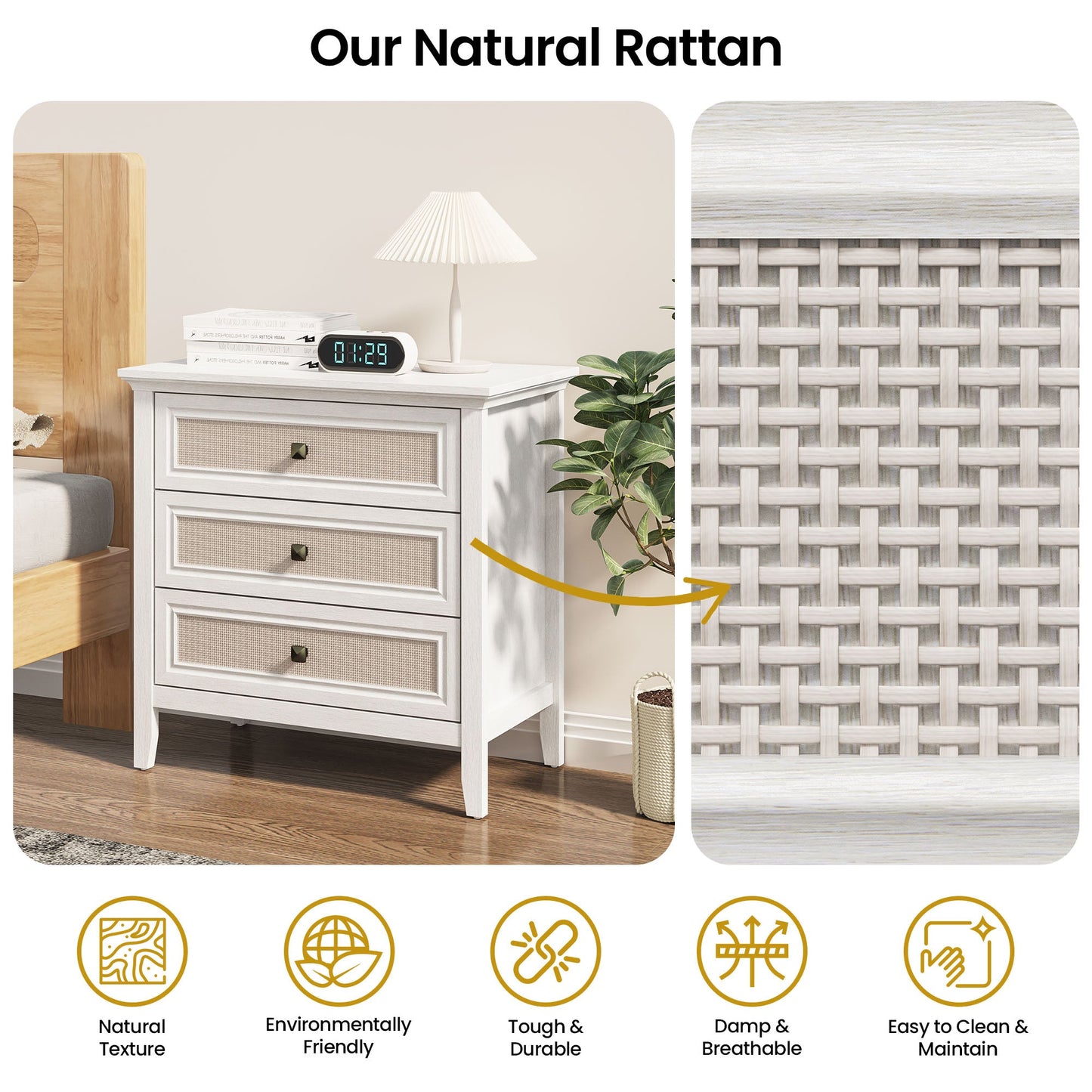 3 Drawer Dresser, Cane Nightstand with Rattan Decorated Drawers, Tall Bedside End Table for Bedroom, Living Room, Entryway