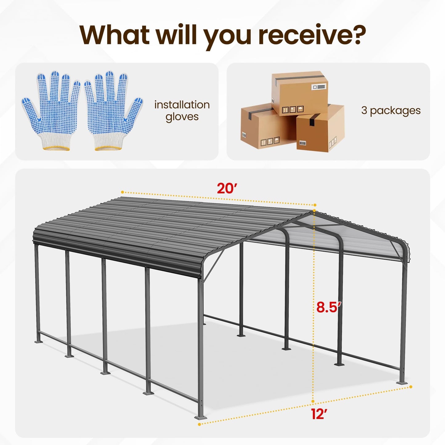 RoyalCraft 12x20 FT Metal Carport, Heavy Duty Canopy with Updated Roof & Enhanced Base, Multi-Use Carport Garage for Car, Truck, Boat, Tractors, Party, Grey