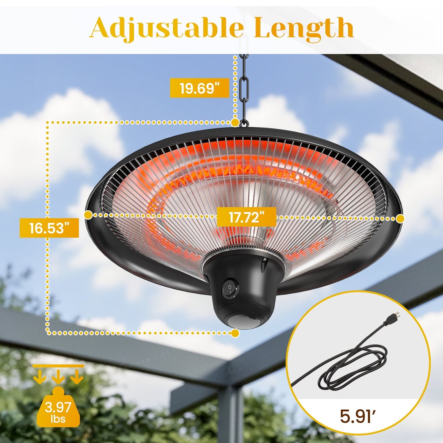 May in Color 1500W Outdoor Hanging Heater, Electric Infrared Hanging Heater, Waterproof Ceiling Heater with 3 Adjustable Modes, Ideal for Porch, Garage, Balcony, Black