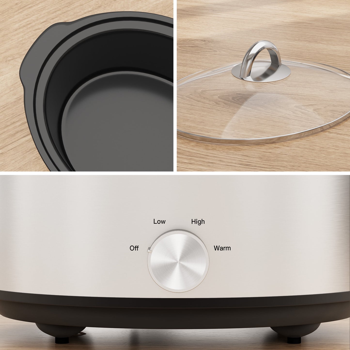 Heynemo 4QT Compact Slow Cooker & Food Warmer with 3 Temperature Settings, Dishwasher Safe - Silver