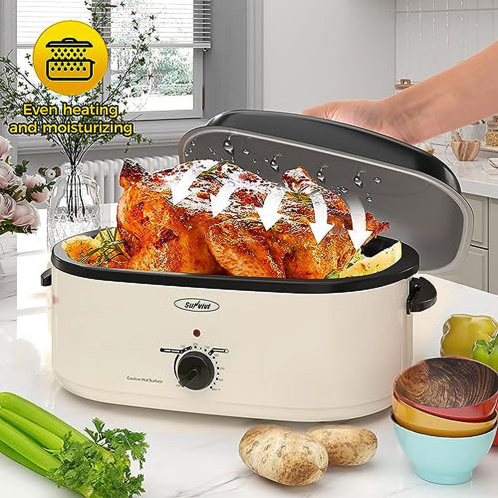 RoyalCraft Roaster Oven 28 Quart, Electric Roaster Oven with Visible & Self-Basting Lid, Turkey Roaster Oven with Removable Pan & Rack, Variable Temperature Control, Stainless Steel, Blue